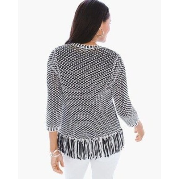 Chicos Black White Fringed Open Front Knit Cardigan Sweater 3/4 Sleeves Size 1 - Picture 10 of 13